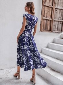 Breezaya Floral Print Puff Sleeve Wrap Belted Dress - Blue and White - View 2