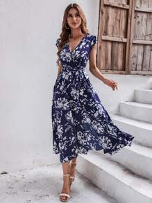 Breezaya Floral Print Puff Sleeve Wrap Belted Dress - Blue and White - View 3