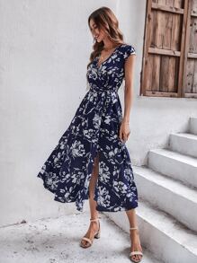 Breezaya Floral Print Puff Sleeve Wrap Belted Dress - Blue and White - View 4