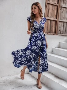 Breezaya Floral Print Puff Sleeve Wrap Belted Dress - Blue and White - View 6