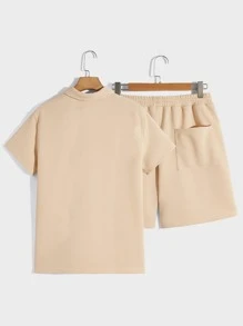 Manfinity NXTstreet 男士素色POLO衫和腰部抽繩短褲 - 卡其色 - 查看 8