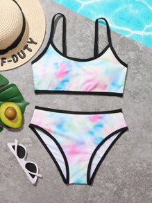 青少年女孩扎染对比色比基尼套装夏季海滩