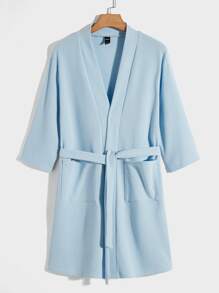 SHEIN 男士雙口袋腰帶休閒服睡袍 - 淺藍色 - 查看 1