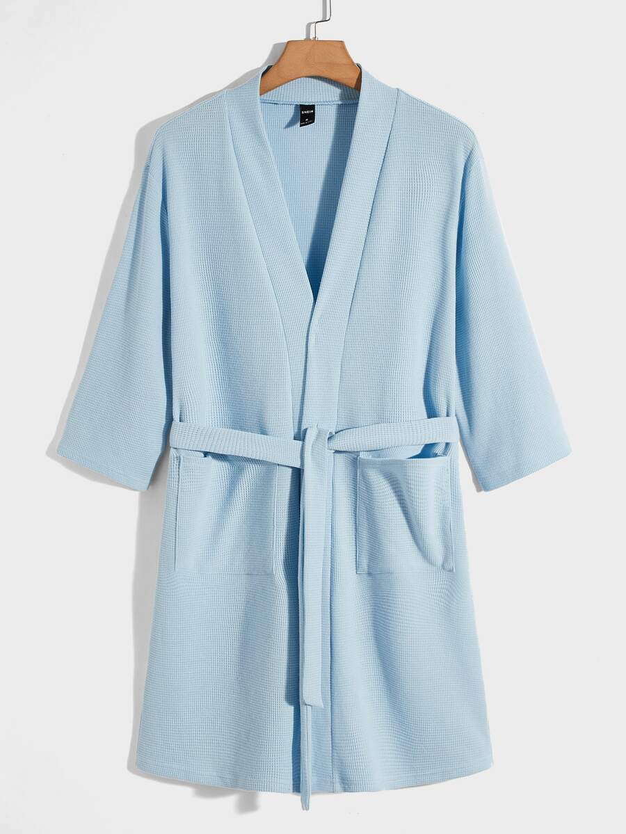SHEIN 男士雙口袋腰帶休閒服睡袍 - 淺藍色 - 查看 1