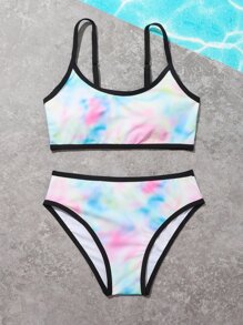 青少年女孩扎染对比色比基尼套装夏季海滩