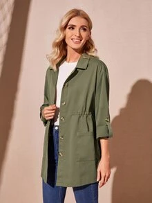 SHEIN Áo khoác nữ Túi Nút phía trước màu trơn Giải trí - xanh quân đội - Xem 2