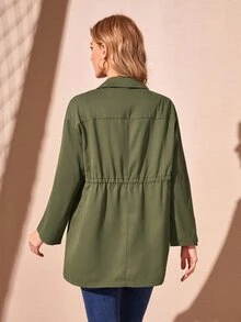 SHEIN Áo khoác nữ Túi Nút phía trước màu trơn Giải trí - xanh quân đội - Xem 3