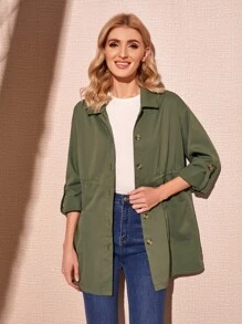 SHEIN Áo khoác nữ Túi Nút phía trước màu trơn Giải trí - xanh quân đội - Xem 1