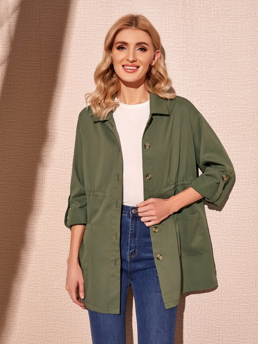 SHEIN Áo khoác nữ Túi Nút phía trước màu trơn Giải trí - xanh quân đội - Xem 1