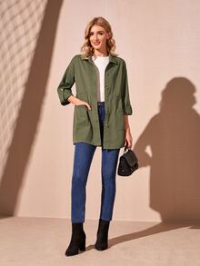 SHEIN Áo khoác nữ Túi Nút phía trước màu trơn Giải trí - xanh quân đội - Xem 4