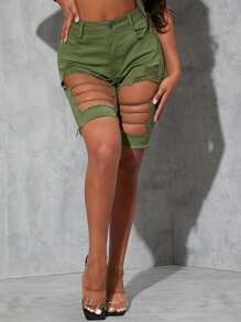 SHEIN Quần short denim nữ Nút Túi Hem thô Bị tách Dây kéo màu trơn - xanh quân đội - Xem 5