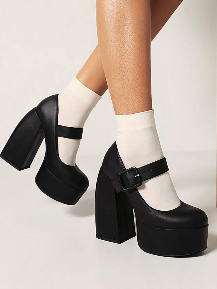 Tacones mary jane con tacón grueso - Negro - Ver 1