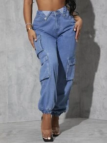 SHEIN SXY 高腰翻蓋口袋工裝牛仔褲 - 中等水洗藍 - 查看 3