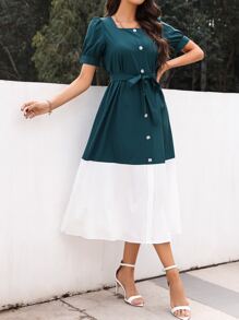 Mulvari 雙色泡泡袖繫腰帶洋裝 - 彩色 - 查看 1