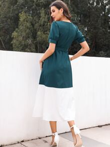 Mulvari 雙色泡泡袖繫腰帶洋裝 - 彩色 - 查看 2