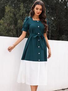 Mulvari 雙色泡泡袖繫腰帶洋裝 - 彩色 - 查看 3