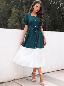 Mulvari 雙色泡泡袖繫腰帶洋裝 - 彩色 - 查看 4