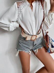 SHEIN Frenchy Floral Embroidery Mesh Insert Blouse Winter White - White - View 3