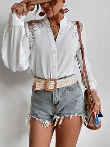 SHEIN Frenchy Floral Embroidery Mesh Insert Blouse Winter White - White - View 5