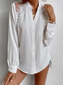 SHEIN Frenchy Floral Embroidery Mesh Insert Blouse Winter White - White - View 6