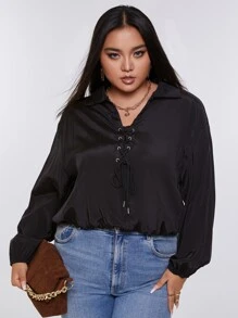 Áo sơ mi Plus Size Ren lên Thùa khuyết màu trơn Giải trí - màu đen - Xem 1