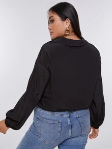 Áo sơ mi Plus Size Ren lên Thùa khuyết màu trơn Giải trí - màu đen - Xem 2