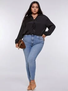 Áo sơ mi Plus Size Ren lên Thùa khuyết màu trơn Giải trí - màu đen - Xem 3