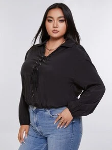 Áo sơ mi Plus Size Ren lên Thùa khuyết màu trơn Giải trí - màu đen - Xem 4