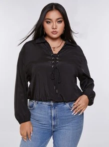 Áo sơ mi Plus Size Ren lên Thùa khuyết màu trơn Giải trí - màu đen - Xem 5