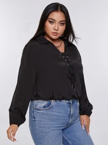 Áo sơ mi Plus Size Ren lên Thùa khuyết màu trơn Giải trí - màu đen - Xem 6