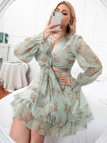 SHEIN Clasi 大碼印花前打結短款上衣和荷葉邊半身裙 - 薄荷綠 - 查看 3