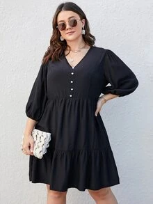 Vestido de manga farol bajo con fruncido - Negro - Ver 4