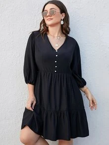 Vestido de manga farol bajo con fruncido - Negro - Ver 6