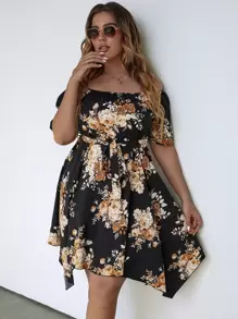 SHEIN LUNE Plus Floral Print Off Shoulder Asymmetrical Hem Belted Dress - Black - View 1