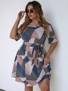 SHEIN LUNE Plus Polka Dot & Geo Print Belted Dress