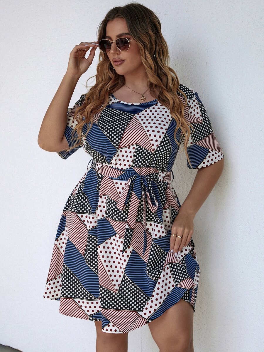 SHEIN LUNE Plus Polka Dot & Geo Print Belted Dress
