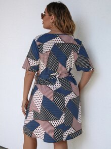 SHEIN LUNE Plus Polka Dot & Geo Print Belted Dress