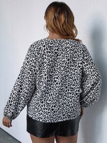 大碼豹紋印花繫帶領燈籠袖襯衫 - 黑與白 - 查看 2