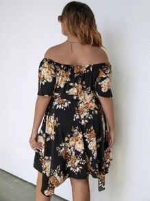 SHEIN LUNE Plus Floral Print Off Shoulder Asymmetrical Hem Belted Dress - Black - View 2