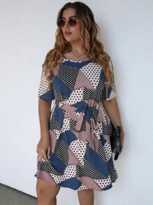 SHEIN LUNE Plus Polka Dot & Geo Print Belted Dress