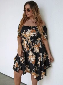 SHEIN LUNE Plus Floral Print Off Shoulder Asymmetrical Hem Belted Dress - Black - View 4