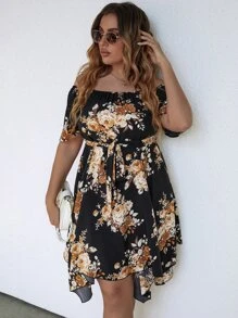 SHEIN LUNE Plus Floral Print Off Shoulder Asymmetrical Hem Belted Dress - Black - View 5