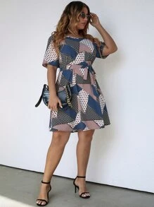 SHEIN LUNE Plus Polka Dot & Geo Print Belted Dress