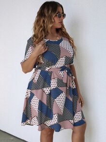 SHEIN LUNE Plus Polka Dot & Geo Print Belted Dress