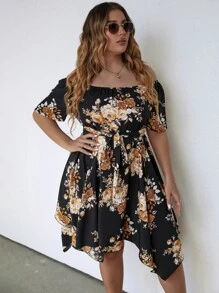 SHEIN LUNE Plus Floral Print Off Shoulder Asymmetrical Hem Belted Dress - Black - View 6