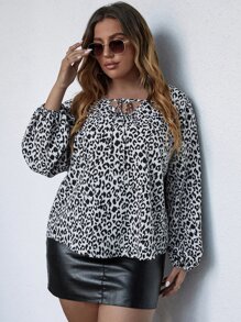 大碼豹紋印花繫帶領燈籠袖襯衫 - 黑與白 - 查看 4