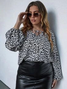 大碼豹紋印花繫帶領燈籠袖襯衫 - 黑與白 - 查看 8