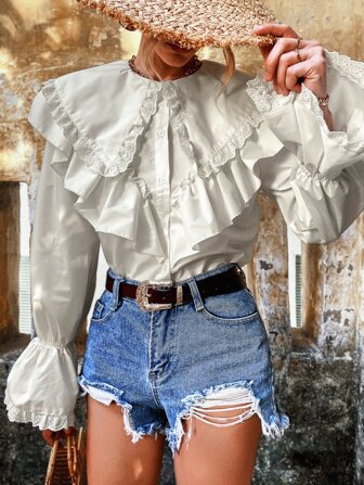 Eyelet Embroidery Ruffle Trim Flounce Sleeve Blouse Christmas Holiday Party Clothes 