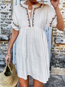 Vestido con bordado floral de cuello de muesca - Blanco - Ver 4