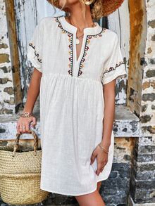 Vestido con bordado floral de cuello de muesca - Blanco - Ver 5